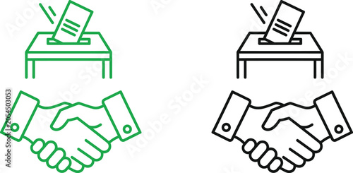 Vector icons of voting and handshake in green and black  on white background