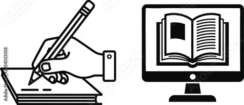 Black and white illustration of hand writing and computer with book on screen on white background