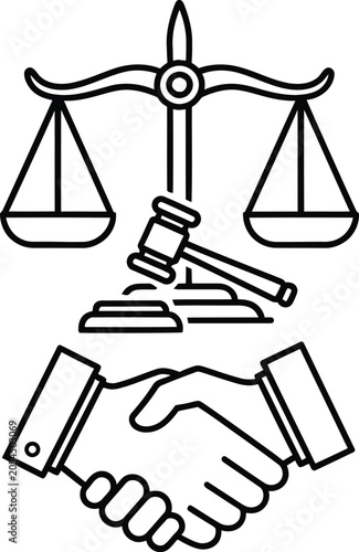 Black line drawing of law and justice concept with handshake on white background