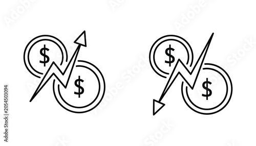 Vector icons of dollar coins with arrows indicating financial growth and decline on white background