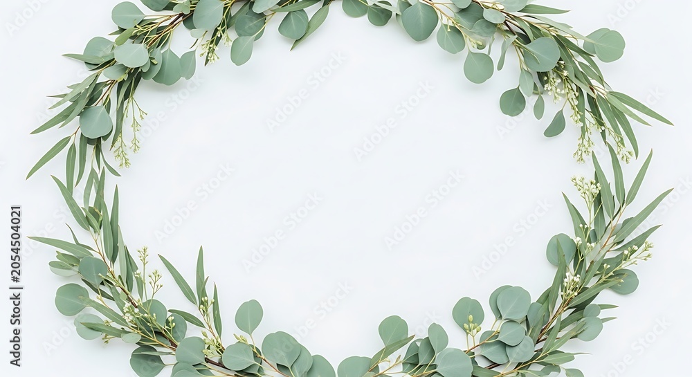Fototapeta premium Elegant eucalyptus wreath on white background for wedding decor and design