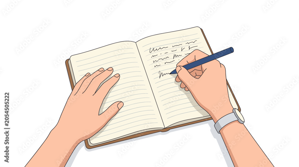 Fototapeta premium Person writing in a notebook with a pen, top down view Vector