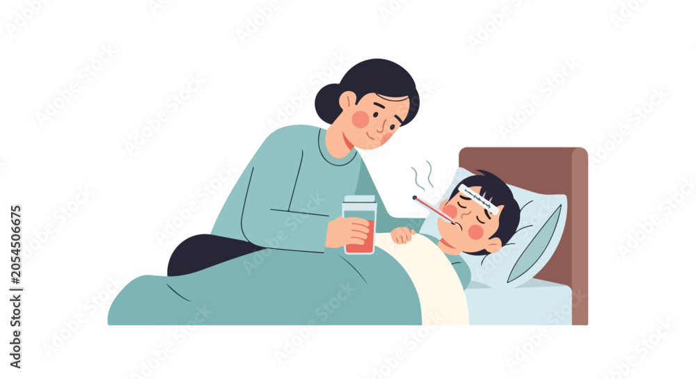 Obraz premium A caring mother tends to her sick young son who is lying in bed with a fever and a thermometer in his mouth.