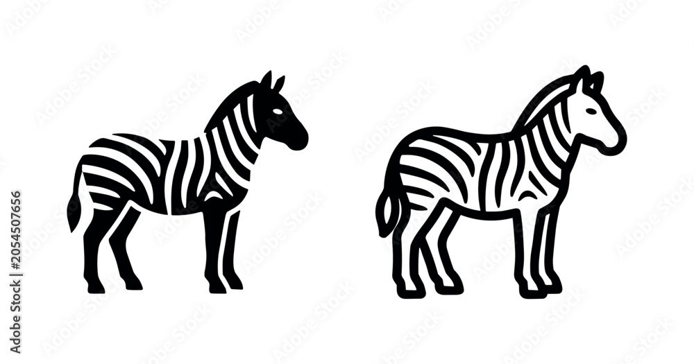 Obraz premium Zebra icons, black silhouette and outline, on white background