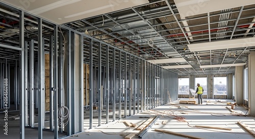 Interior construction site showing metal framing and building structure
