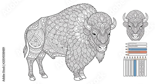 Intricate bison illustration with coloring pencils ready for creative design