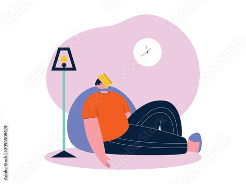 Quadro su tela A person slumps lazily on the floor against a blue beanbag chair, with an open book slumped directly over their face next to a floor lamp