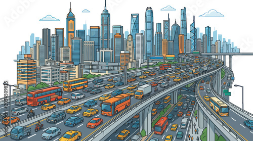 Bustling urban metropolis with multi-layered highway and skyscrapers