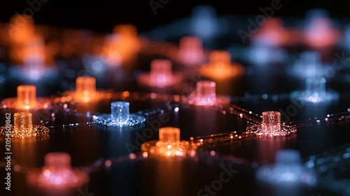 Smart agent network exchanging knowledge instantly, advanced artificial intelligence coordination, luminous digital pathways,