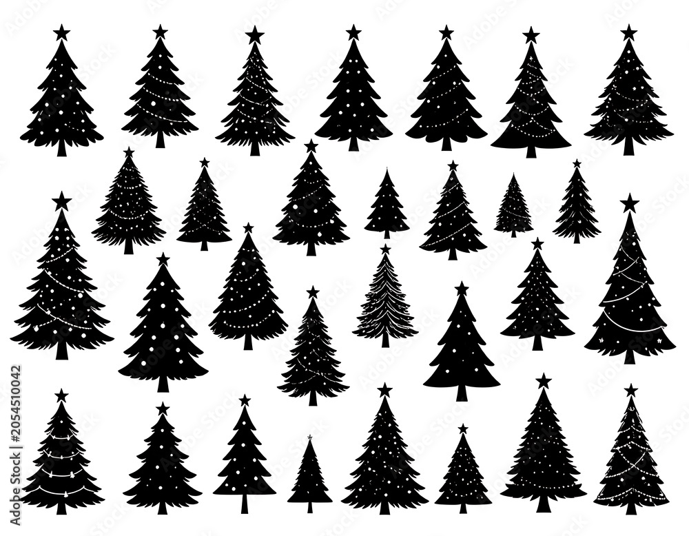 Obraz premium A collection of 25 black Christmas trees with white decorations