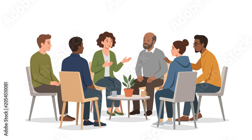 Diverse group of people sitting in a circle discussing issues in a support group meeting Vector