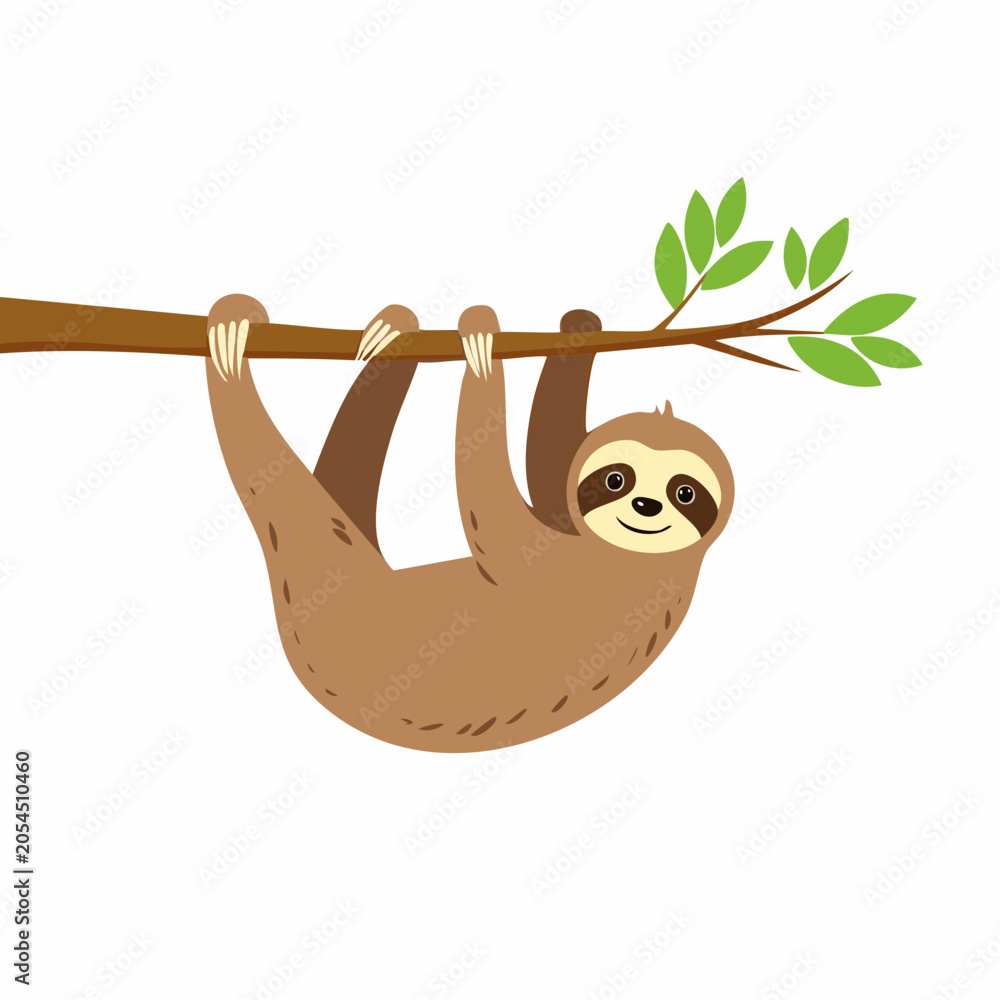 Obraz premium Cute cartoon sloth hanging from a tree branch