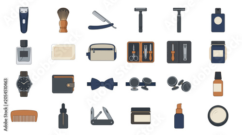Grooming and Personal Care Accessories for Men Collection Flat Icons Set Vector