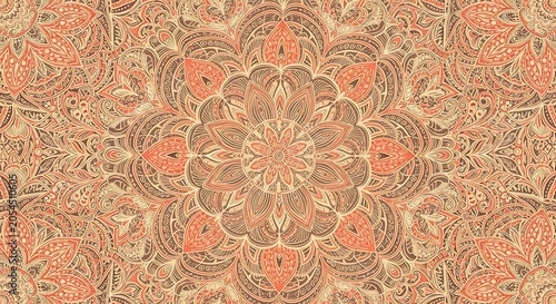 Intricate symmetrical design with floral and geometric patterns in warm tones
