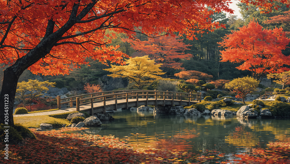 Obraz premium 紅葉した楓と木の橋が池に映る秋の日本庭園風景
