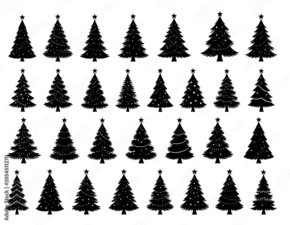 Obraz premium A collection of 30 small black Christmas trees on white background