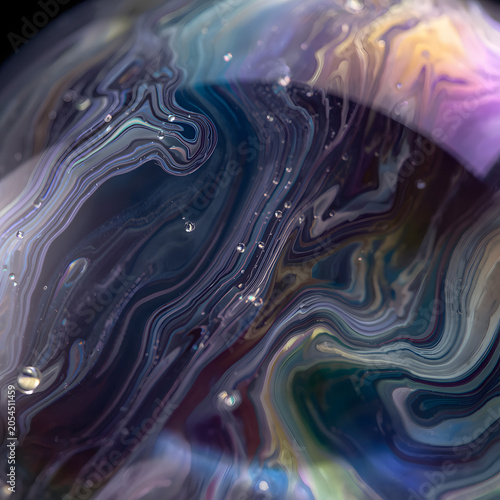 Macro Close-Up of Iridescent Soap Bubble with Swirling Rainbow Colors