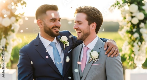 Joyful couple celebrates wedding outdoors embracing happiness and commitment