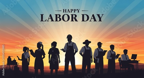 Labor day celebration illustration featuring silhouettes and sunset background