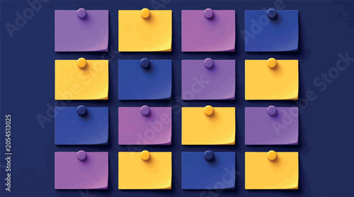 A grid of sixteen colorful sticky notes pinned to a dark blue surface.