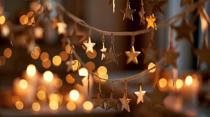 Christmas star garland and fairy lights with warm bokeh background