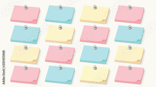 A grid of colorful sticky notes pinned to a surface with small silver thumbtacks.
