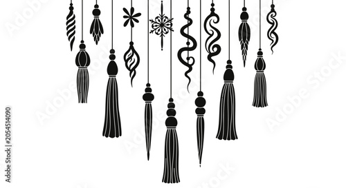 Slika na platnu A collection of decorative hanging ornaments and tassels in a black silhouette style