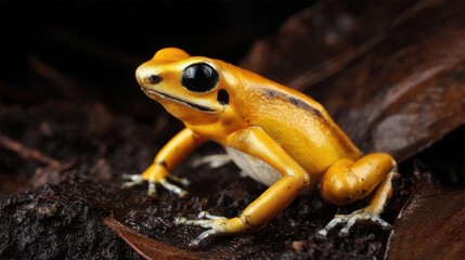 Vibrant Yellow Frog on Leafy Ground in Natural Habitat
