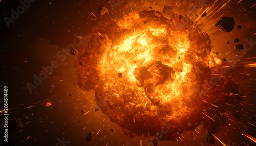 Fiery Explosion in Space with Glowing Molten Cores and Asteroid Debris