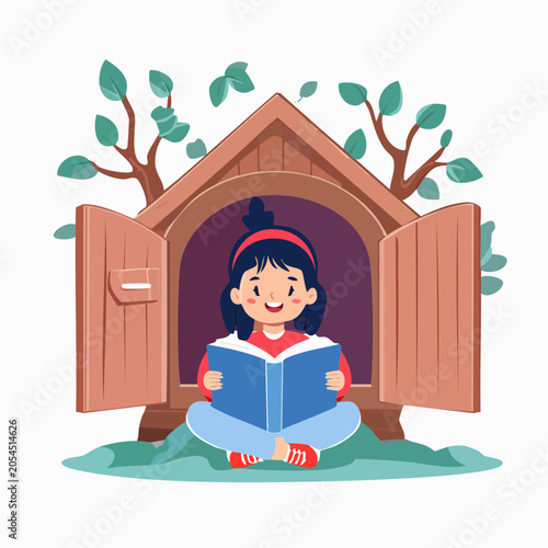 Girl Reading a Book in a Treehouse
