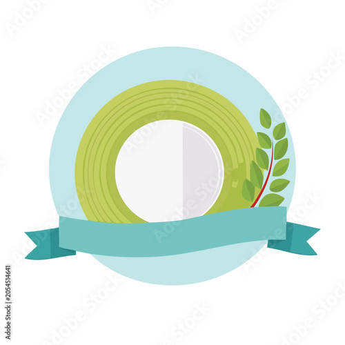 Green badge with laurel leaves and ribbon