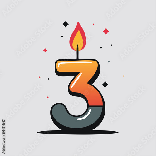 Number 3 Birthday Candle with Flame