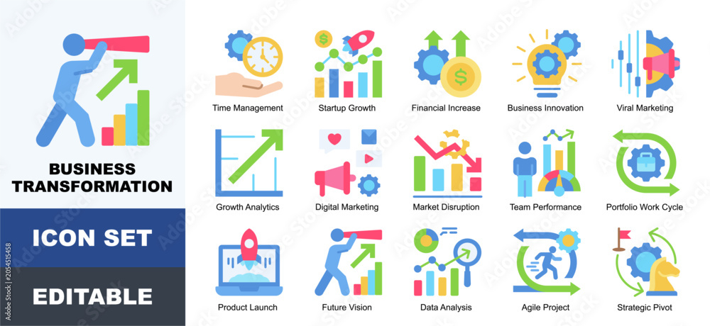 Fototapeta premium Business Transformation Icons Pack Featuring Analysis, Analytics, Business, Growth, Marketing, Optimization