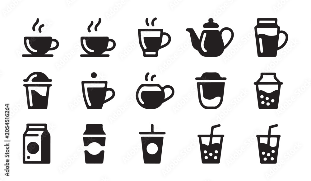 Obraz premium Set of 15 various hot and cold drink icons, a collection of beverage symbols.
