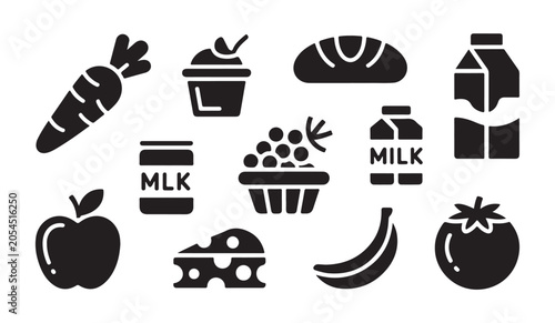 Valokuva Healthy food and dairy assortment icons with fruits vegetables bread and milk containers