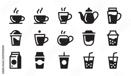 Quadro su tela Set of 15 various hot and cold drink icons, a collection of beverage symbols