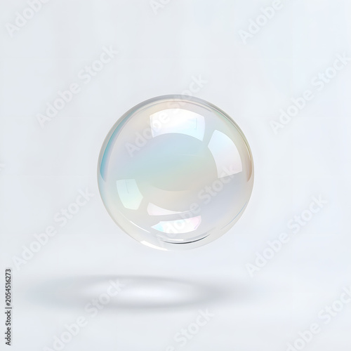 Floating Soap Bubble with Iridescent Sheen on White Background