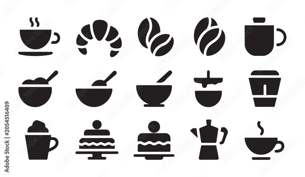 Fototapeta premium Collection of black icons displaying coffee beverages breakfast bakery goods and desserts.