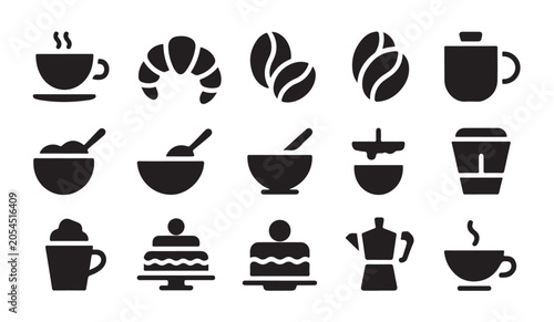 Obraz na płótnie Collection of black icons displaying coffee beverages breakfast bakery goods and desserts