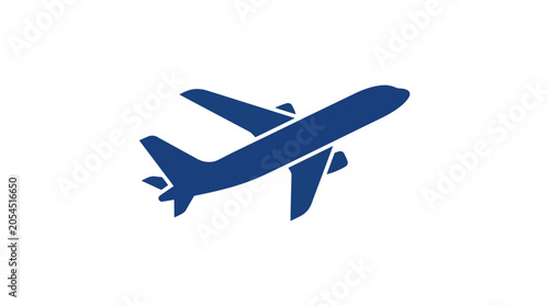 Simple dark blue airplane icon flying against a clean white background in a minimalist style.