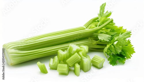 Celery Ribs Isolated On White Fresh Celery Stems With Chopped Celery Pieces Closeup Dieting Food Vegetables