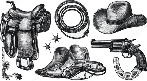 Bilde på lerret Created on Hand drawn cowboy object set in vintage style engraving woodcut illustration