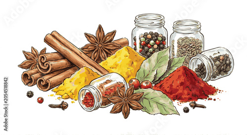 Canvas Print Created on Hand drawn colorful Spices and seasonings vector illustration on whit