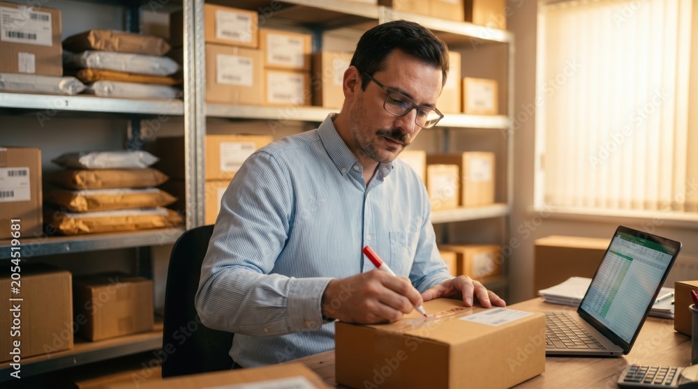 © 5 Grace Media - Small Business Owner Preparing Package for Shipping in Warehouse. © 5 Grace Media - Small Business Owner Preparing Package for Shipping in Warehouse.
