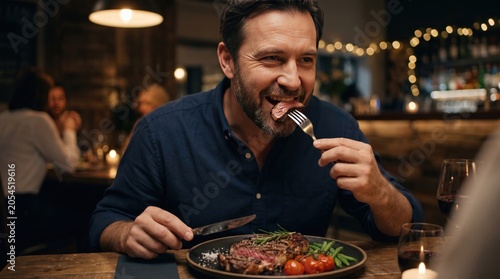 Happy Middle-Aged Man Enjoying A Delicious Gourmet Steak Dinner At An Upscale Restaurant