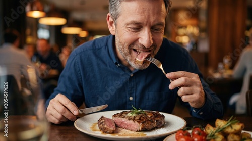 Mature Man Enjoying a Delicious Grilled Steak Dinner at a Cozy Restaurant