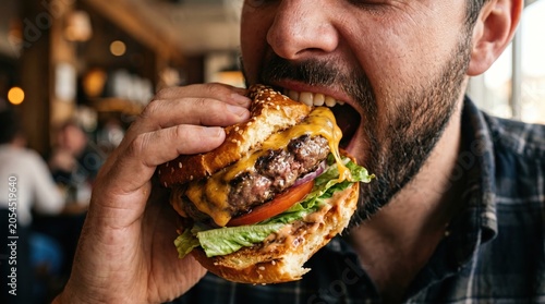 Close-up of a hungry bearded man enjoying a delicious large cheeseburger with fresh lettuce and tomato in a restaurant