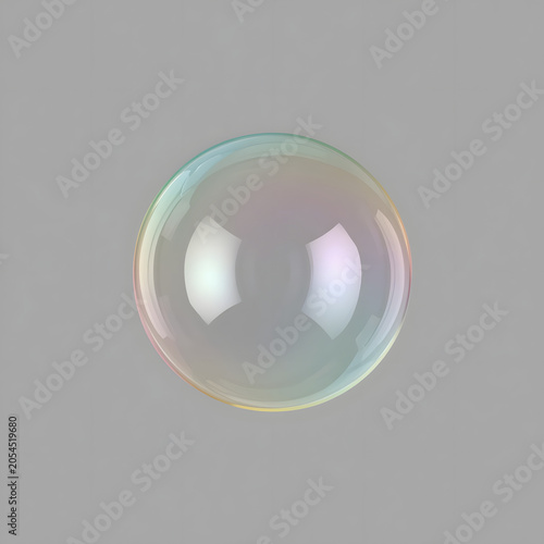 Iridescent Soap Bubble on Grey Background, Transparent Sphere with Soft Lighting