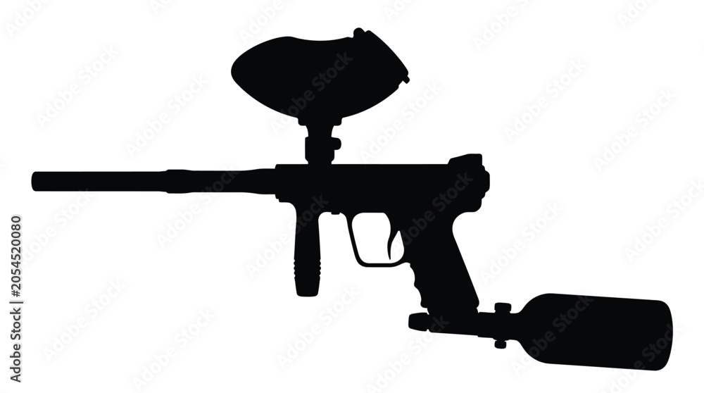 Fototapeta premium Detailed black silhouette of a professional paintball marker with a large hopper and air tank isolated against a plain white background for extreme sports graphic design