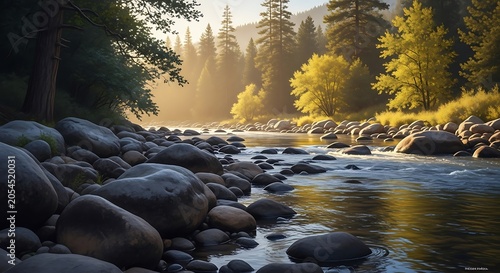 Serene river flowing through rocky terrain with autumn foliage.